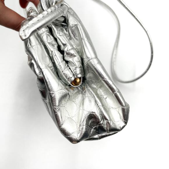 Mansur Gavriel Mini Cloud Clutch Bag Silver Metallic Leather Crossbody Strap - Picture 9 of 15